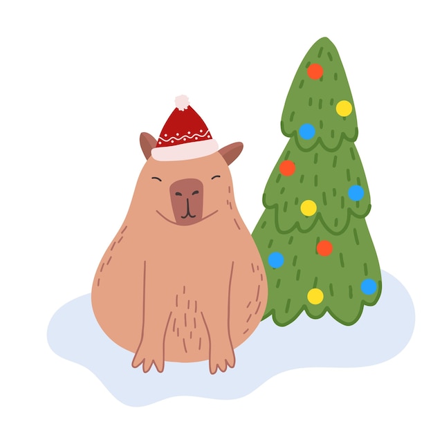 Xmas Capybara funny character in flat design Cute capybara with Christmas tree