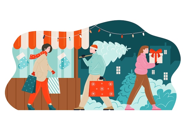 Xmas gifts buying people illustration