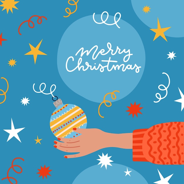 Xmas greeting card decorated with confetti, bauble in human hand. Female hand decorating or holding christmas tree decoration. Vector flat cartoon illustration.