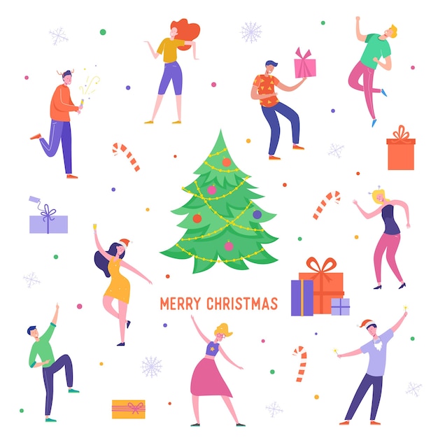 Xmas Party Card or Invitation Poster. People characters dancing, celebrating Merry Christmas and Happy New Year night. 