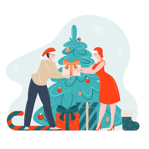 Xmas people giving New Year gifts illustration cartoon characters