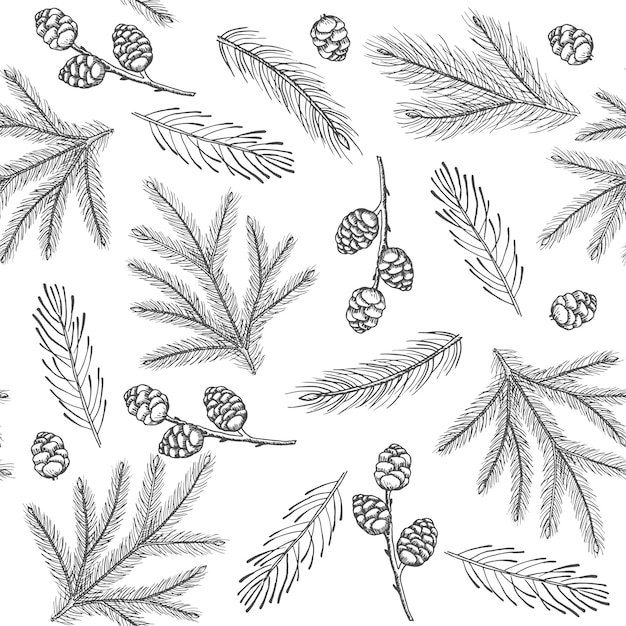 Xmas Seamless pattern with Christmas Tree Decorations, Pine Branches hand drawn art design vector illustration