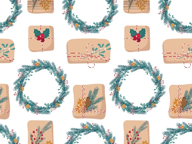 Xmas seamless pattern with gifts and pine wreath eco packing gift with natural plant decorations