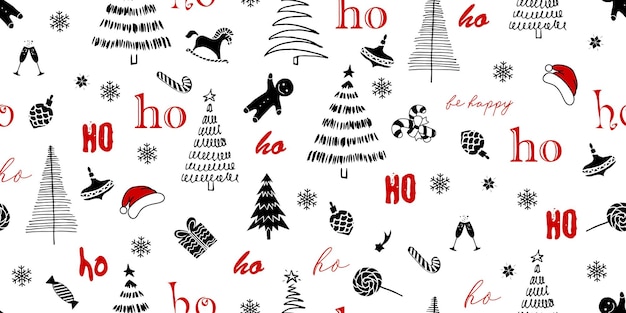 Xmas seamless pattern with text ho ho ho christmas trees snowflakes gifts and candies