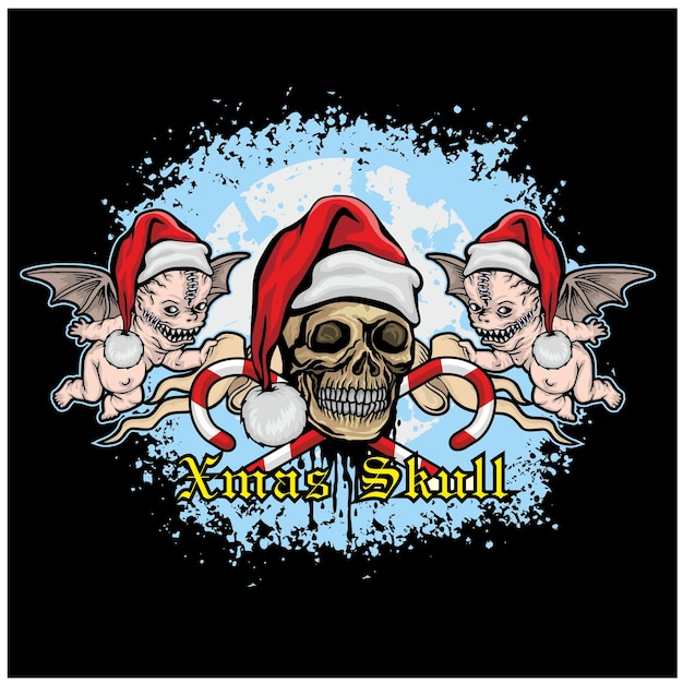 Xmas sign with skull in hat of Santa Claus, grunge vintage design t shirts