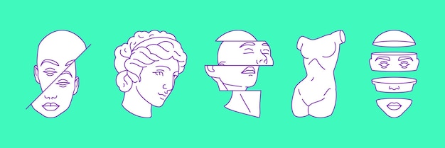 Vector y2k antique sculpture section digital person contemporary pop art outline icon set vector