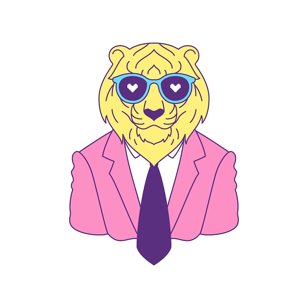 Y2k funky tiger businessman in heart sunglasses contemporary pop art contoured icon vector flat