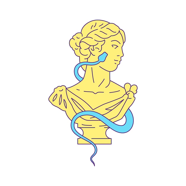 Vector y2k greek ancient woman goddess bust with snake contemporary pop art icon vector flat illustration