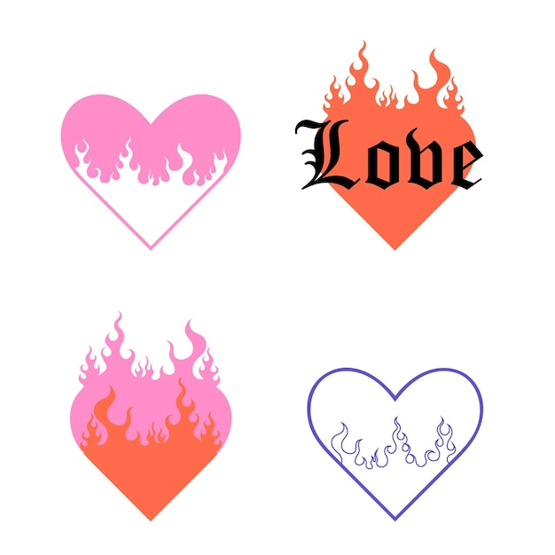 Vector y2k heart fire contemporary valentine day decorative element 2000s style tattoo sticker or label