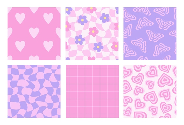 Y2k seamless patterns with butterfly daisy chess mesh heart Set patterns in trendy retro style