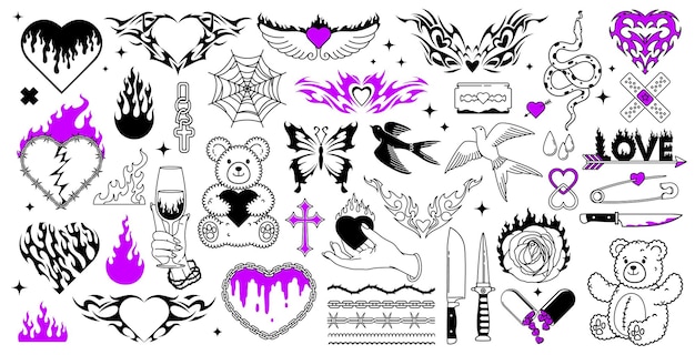 Vector y2k tattoo icons hearts gothic art love symbols