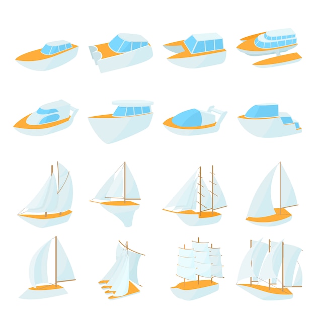 Yacht icons set in cartoon style