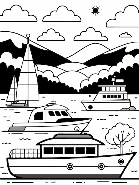 Vector yacht vehicles in river coloring book pages for children and adults with vector design