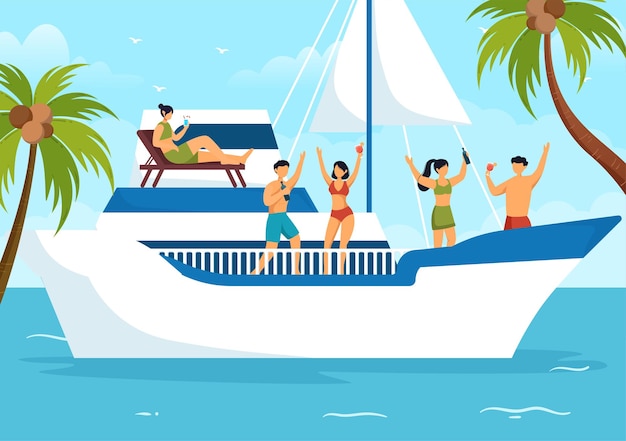 Yachts at Ocean Template Hand Drawn Cartoon Flat Illustration