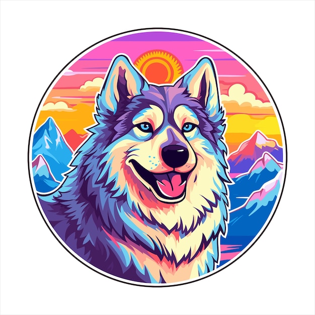 Yakutian Laika Dog Breed Colorful Cartoon Kawaii Animal Isolated Snow Mountains Nature Illustration