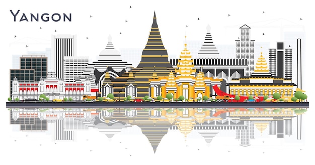 Yangon Myanmar City Skyline with Gray Buildings and Reflections Isolated on White Vector Illustration Business Travel and Tourism Concept with Historic Architecture Yangon Cityscape with Landmarks