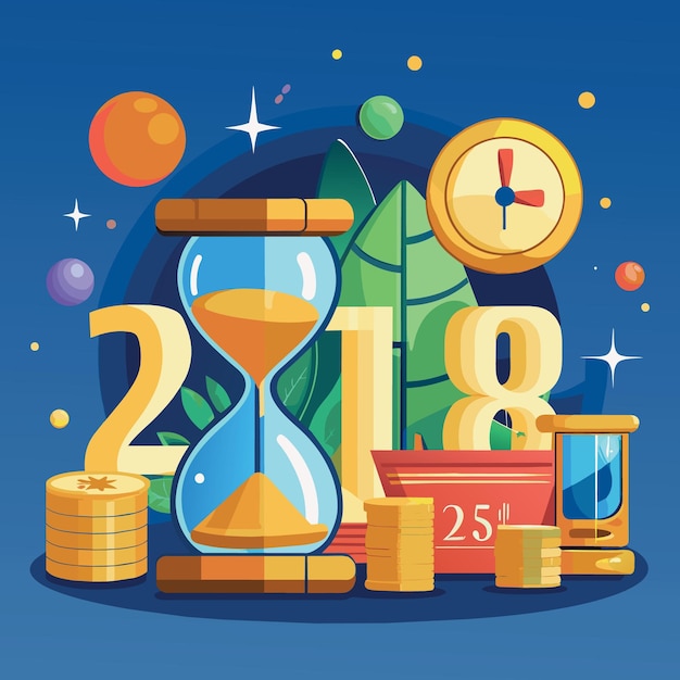 Year 2018 business time start or long term investment concept as hourglass or sandglass on wooden c