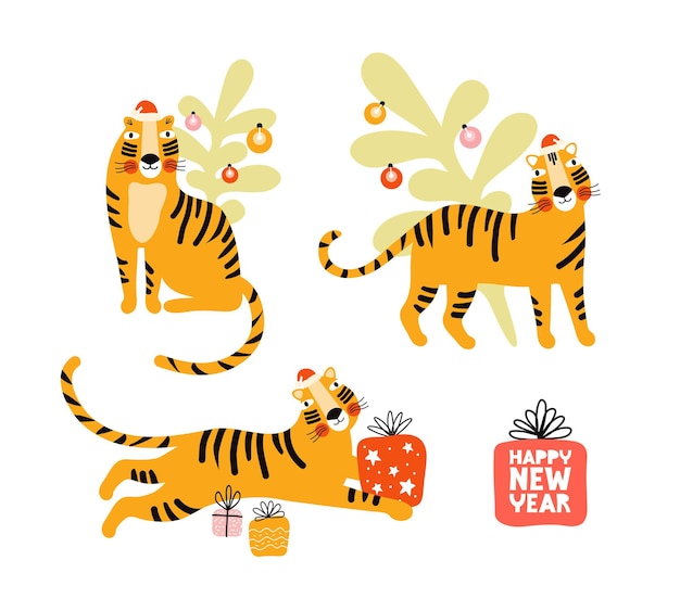 Year of the Tiger. Cute cartoon tiger in a Santa hat. Funny animals with a Christmas tree and gift boxes. Happy New Year and Christmas. Vector collection isolated on white. Child flat illustration.