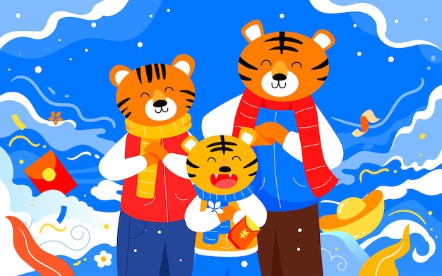 Year of the tiger family Tiger New Year illustration Spring Festival blessing Poster