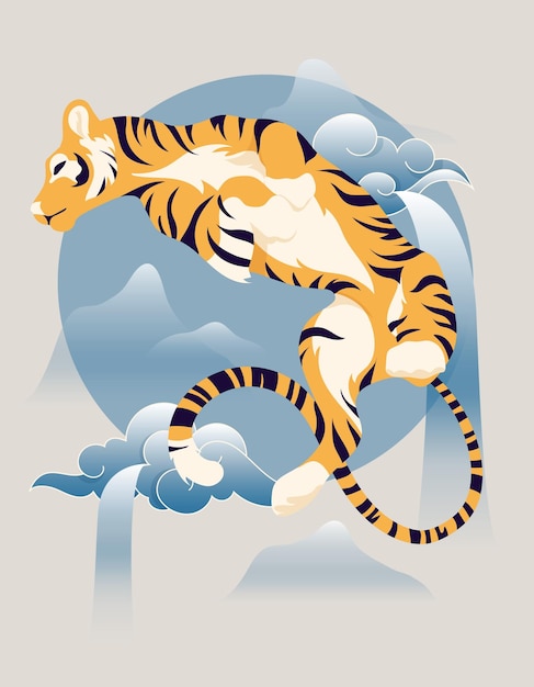 Year of Tiger sign on Chinese calendar Large tiger lies on its back against background of blue cloud