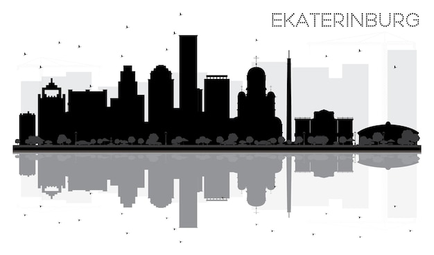 Yekaterinburg City skyline black and white silhouette with reflections. Vector illustration.