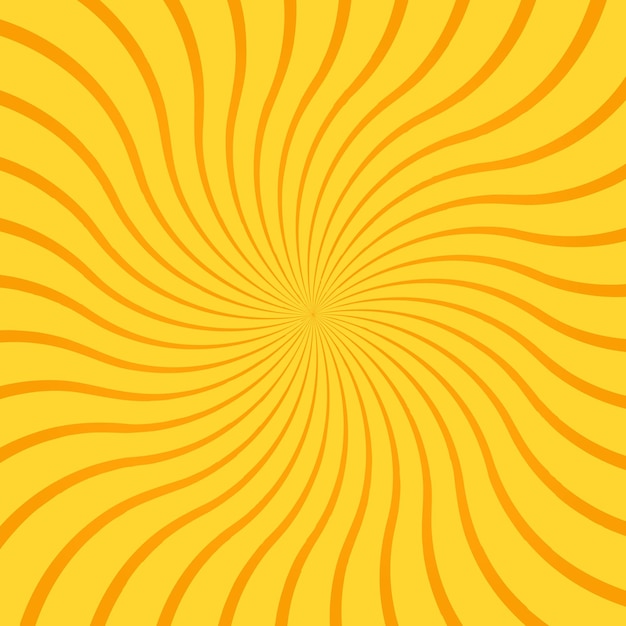 Yellow abstract background with radial rays, lines or stripes curving or swirling around center. Square backdrop with rotating illusion or dizzy effect. Bright colored modern vector illustration.