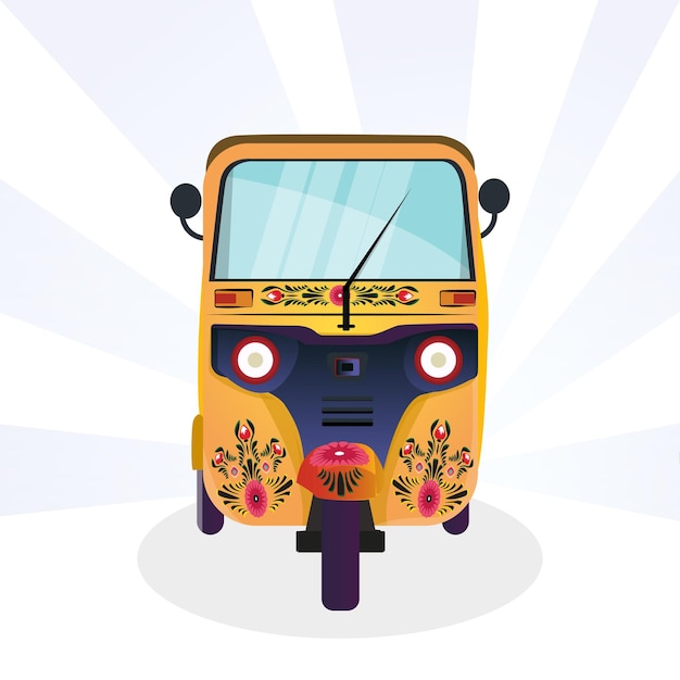 Yellow autorickshaw illustrations in India with rickshaw paint on it front view of tuktuk