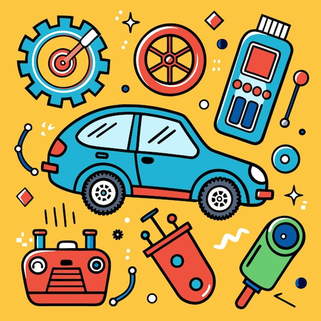 A yellow background with a blue car red remote and green binoculars