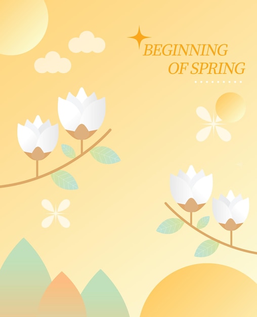 A yellow background with a flower on it that says beginning of spring.