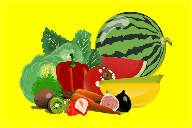 A yellow background with a picture of a watermelon, red pepper, and other fruits.