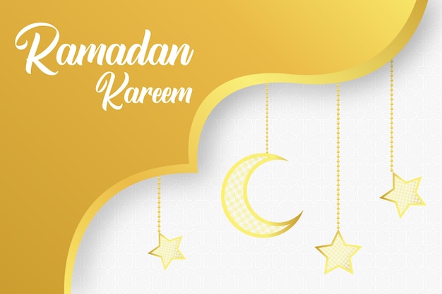 A yellow background with the words ramadan kareem and a crescent moon.