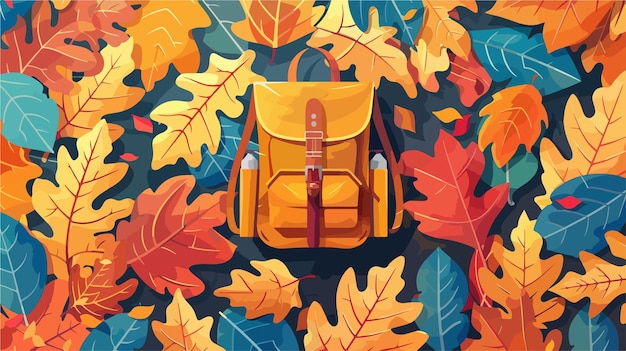 a yellow backpack with a red handle sits on a colorful background