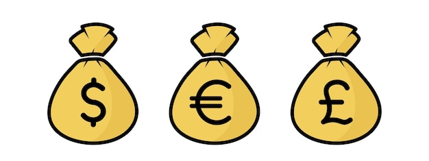 Yellow bags with money sign set of sacks with currency symbol dollar euro british pound financial and banking infographic vector illustration