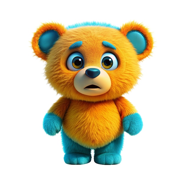 a yellow bear with a blue and orange shirt and blue paws