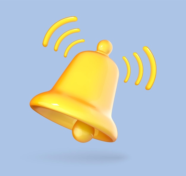 Yellow bell icon in cartoon 3d style Bell notification Icon in cartoon design isolated on blue background Vector 3d illustration