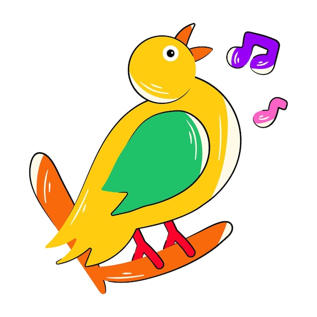 A yellow bird with a green tail and a yellow tail is singing on a surfboard.