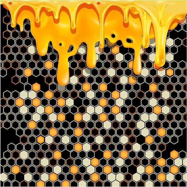 Vector a yellow and black background with a honeycomb and the word honey on it