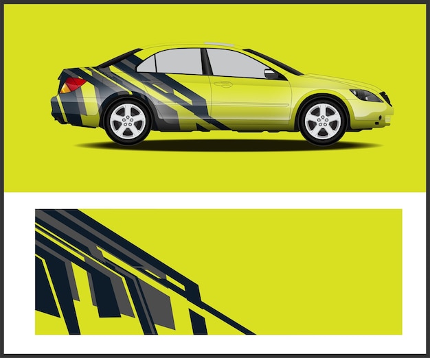 A yellow and black car with a black stripe on the side.