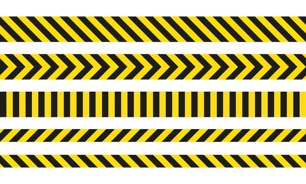 Yellow and black danger ribbons. Police line, crime scene, do not cross, construction site road.