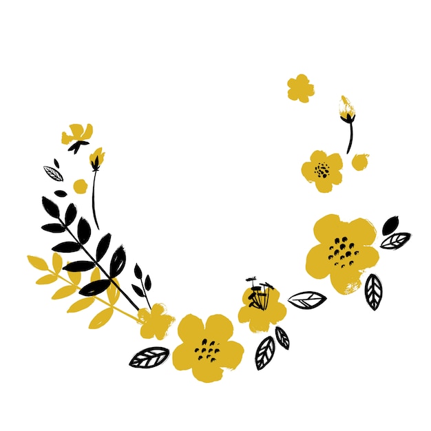 Yellow-black flower wreath drawing with a brush