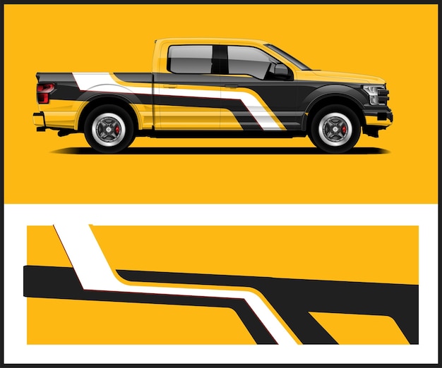 Vector a yellow and black truck with a white stripe that says ford on it.