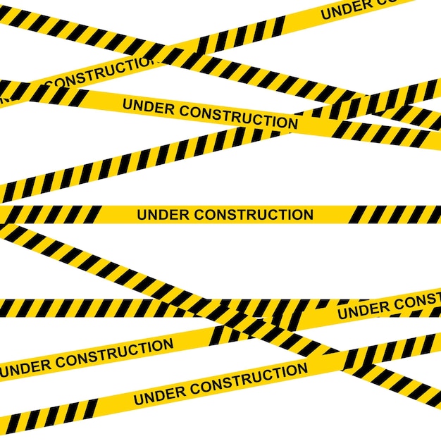 Yellow and black warning tapes with text under construction isolated on white background. Police insulation line, signs of warning, do not cross, caution. Barricade construction tape. Vector