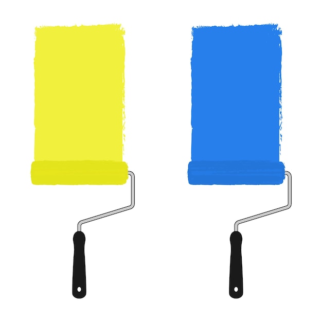 Vector yellow and blue color paint roller with trace of paint. vector clip art illustration isolated on white