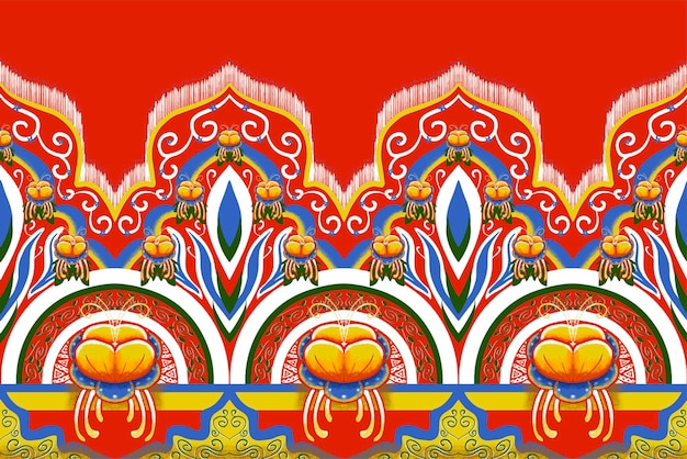 Yellow Blue Flower on Orange Red Geometric ethnic oriental pattern traditional Design for backgroundcarpetwallpaperclothingwrappingBatikfabric vector illustration embroidery style