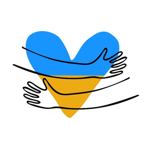 Yellow and blue heart with hugs hands Stand with Ukraine Stop war