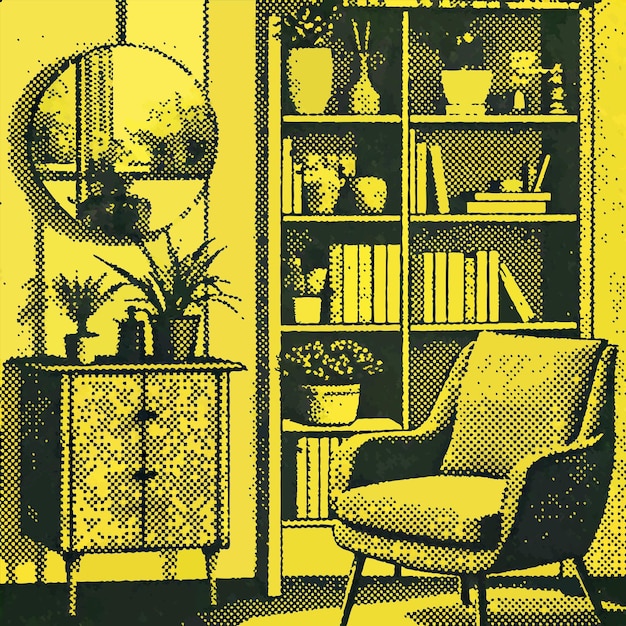 Vector a yellow bookcase with a bookcase and a bookcase with a plant on it