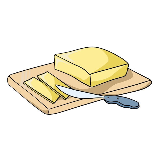 Yellow butter cut into pieces sharp knife vector cartoon