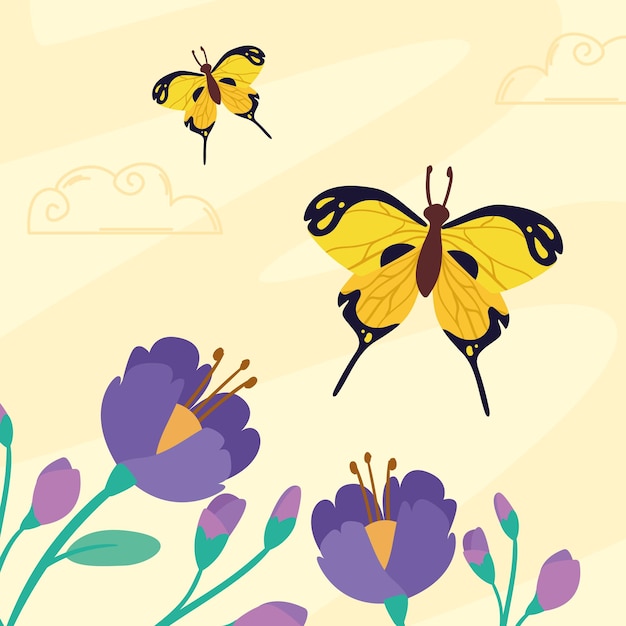 Yellow butterflies and flowers