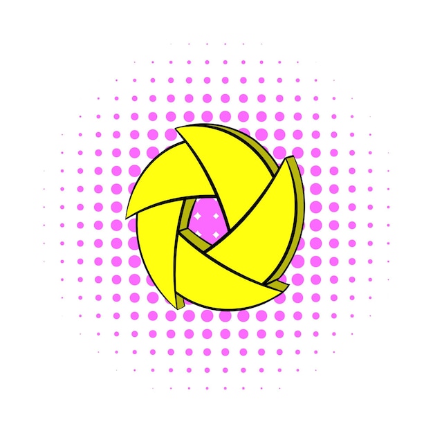 Yellow camera aperture icon in comics style on a white background