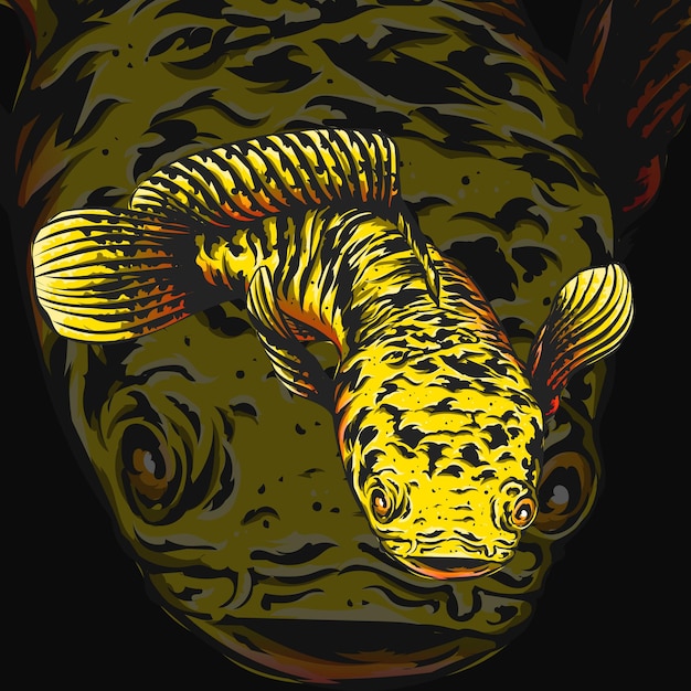 yellow channa fish vintage illustration style